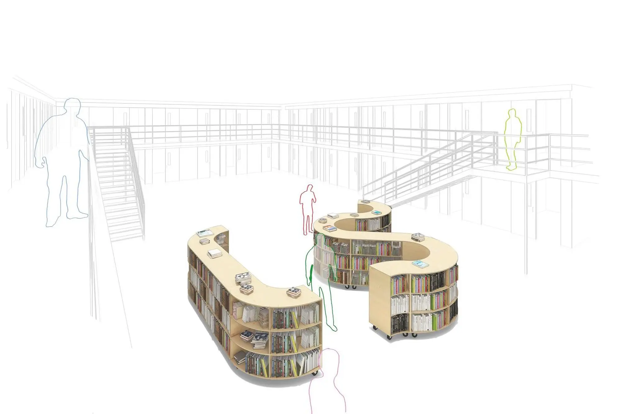 A digital rendering of the preliminary concept of a Freedom Library as designed by Mass Design, showing how these libraries would look inside the communal space of a cellblock.