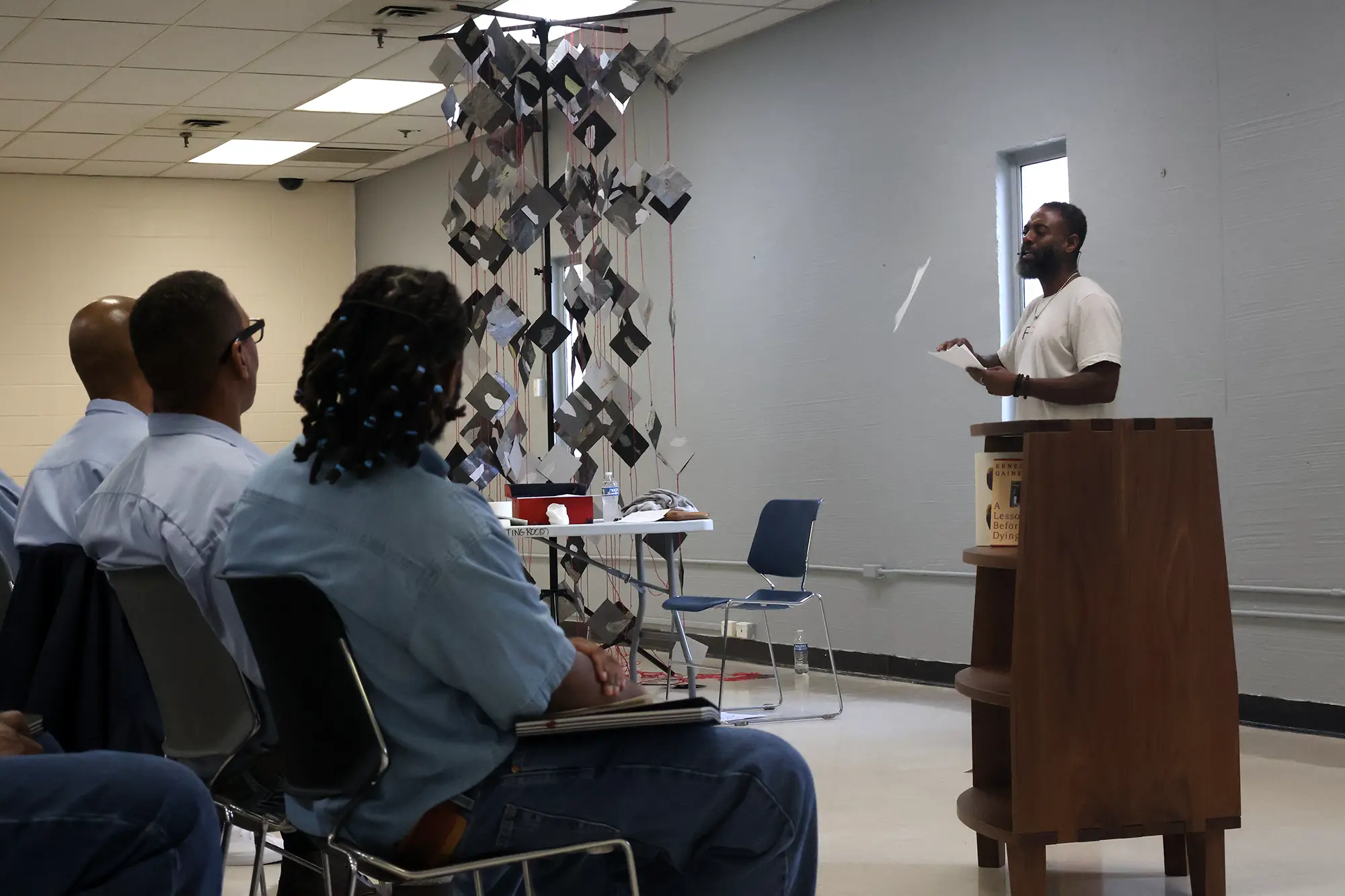 Freedom Reads Founder & CEO Reginald Dwayne Betts performs his solo show, *FELON: An American Washi Tale*, at Buckingham Correctional Center in Virginia on March 4, 2024.