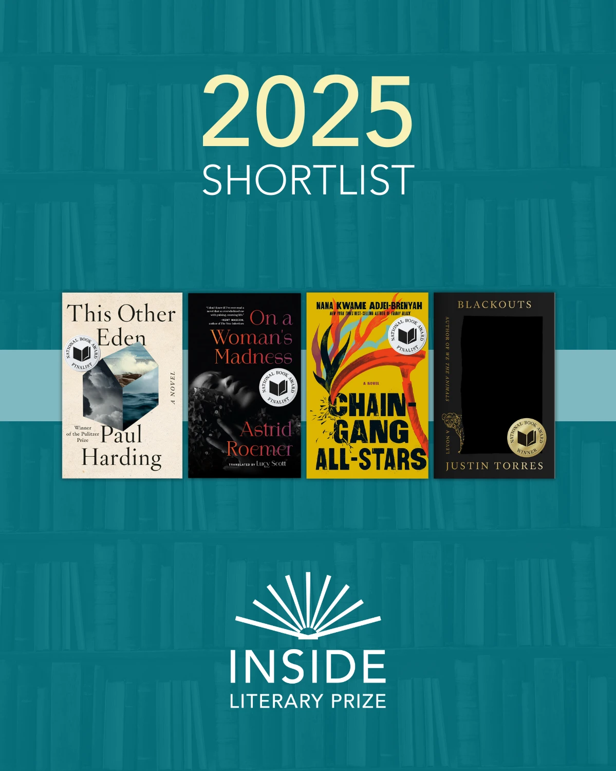 Four book covers of the shortlisted titles for Inside Literary Prize 2025 on a blue background.