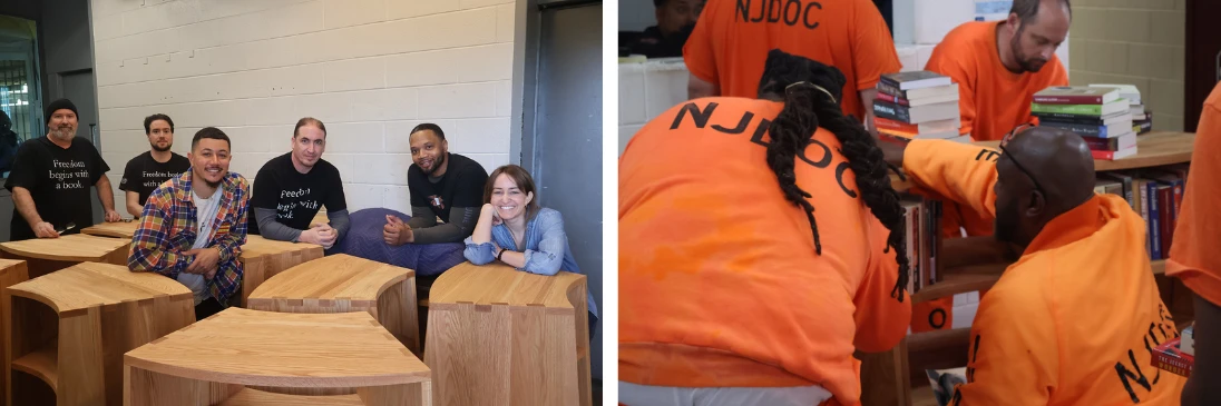 Two images, on the left 6 Freedom Reads team members pose and smile with empty Freedom Library bookshelves inside Garden State Correctional Facility. On the right, two men, with their backs to the camera, inside Garden State Correctional Facility shelve books on their newly opened Freedom Library.