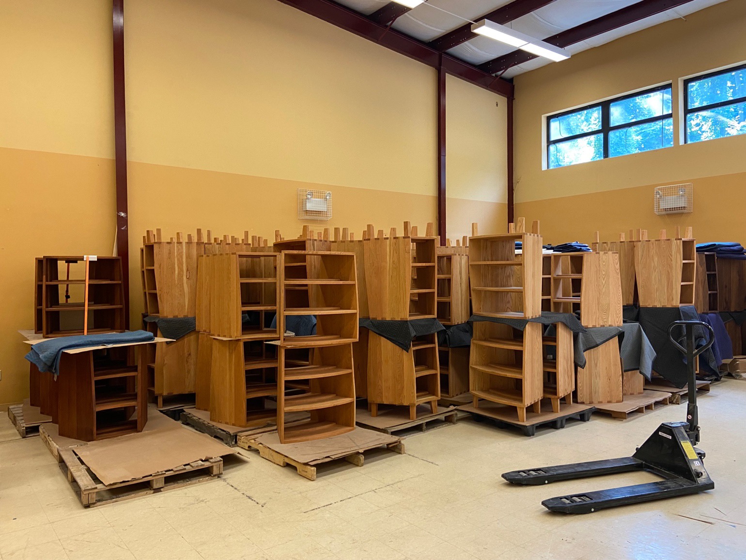 Handcrafted bookcases at Freedom Reads’ headquarters, in production and waiting to be transported to Freedom Library openings in prisons and juvenile detention centers across the nation.