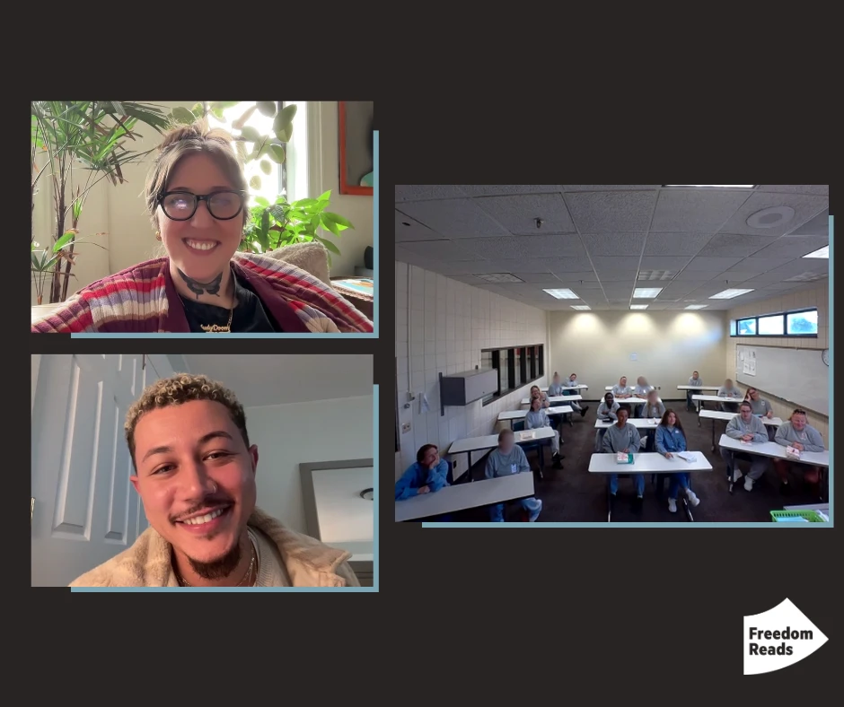 Images from a virtual Zoom meeting with Freedom Reads Library Coordinator David Perez Jr (bottom left) with Caits Meissner (top left), editor of The Sentences that Create Us, and event participants (right) at MCF - Shakopee in Minnesota.