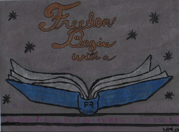 Artwork of an open books with "Freedom Begins with a book" written on it by Chelsea, Inside Literary Prize judge at Minnesota Correctional Facility - Shakopee.