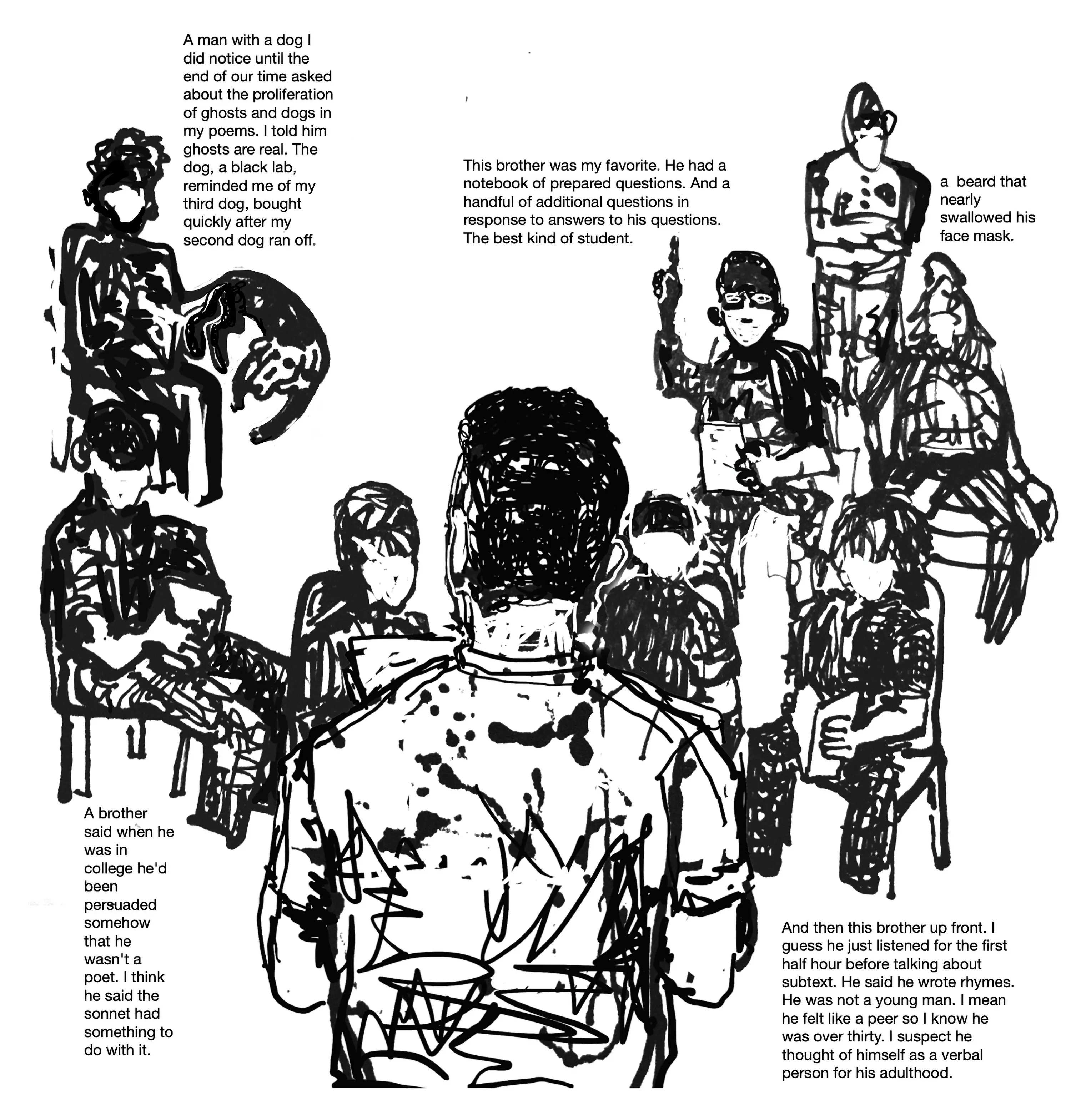 Black and white sketch drawing of the back of a poet reading to an audience at Otisville Correctional Facility with text annotations about the various characters present. Clockwise: 1, A brother said when he was in college he'd been persuaded somehow that he wasn't a poet. I think he said the sonnet had something to do with it. 2, A man with a dog I did notice until the end of our time asked about the proliferation of ghosts and dogs in my poems. I told him ghosts are real. The dog, a black lab, reminded me of my third dog, bought quickly after my second dog ran off. 3, This brother was my favorite. He had a notebook of prepared questions. And a handful of additional questions in response to answers to his questions. The best kind of student. 4, a beard that nearly swallowed his face mask. 5, And then this brother up front. I guess he just listened for the first half hour before talking about subtext. He said he wrote rhymes. He was not a young man. I mean he felt like a peer so l know he was over thirty. I suspect he thought of himself as a verbal person for his adulthood.